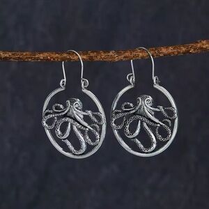 925 Sterling Silver Bohemian Octopus Hoop Drop Earrings Goth Punk